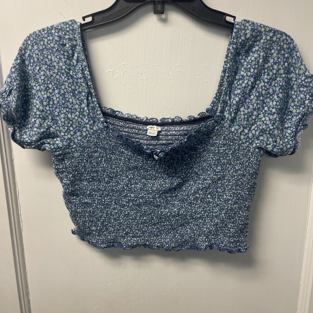 Aerie Blue Green Floral Smocked Puff Sleeve Cropped Top S/P